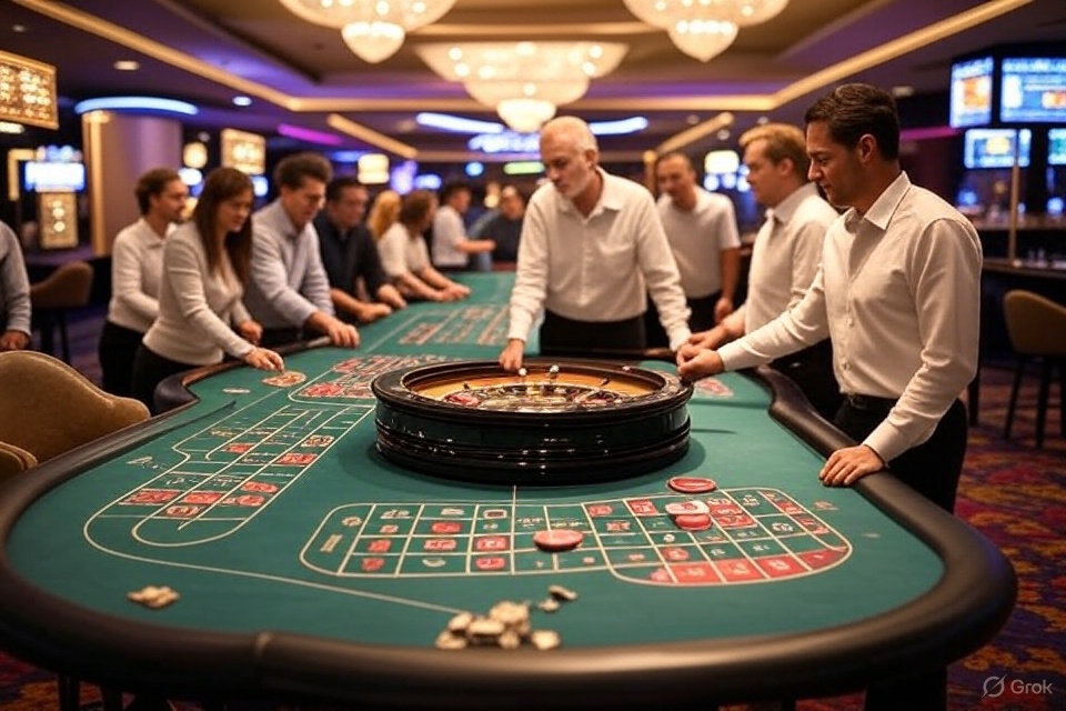 A imagem mostra jogadores participando de uma rodada de cassino